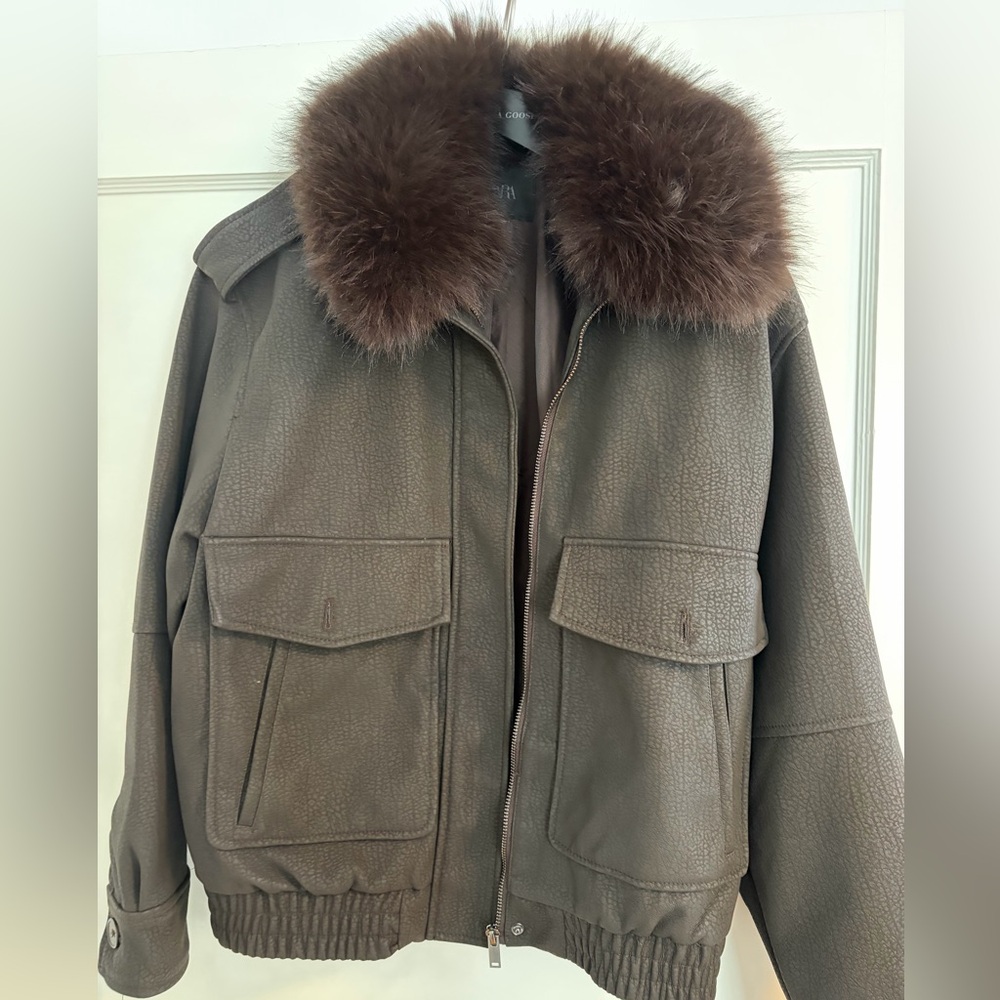Zara Brown Bomber Jacket with Fur Collar